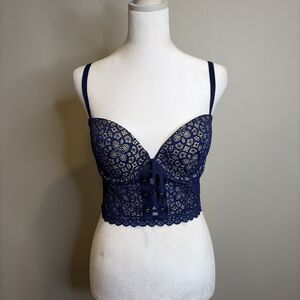 Victoria's Secret Bra Sz 36C Longline Demi Bustier Bra Blue Lace Padded Push Up